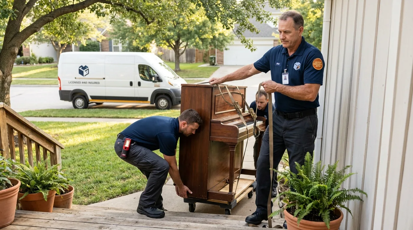 Licensed piano movers securing grand piano in Asheboro, NC